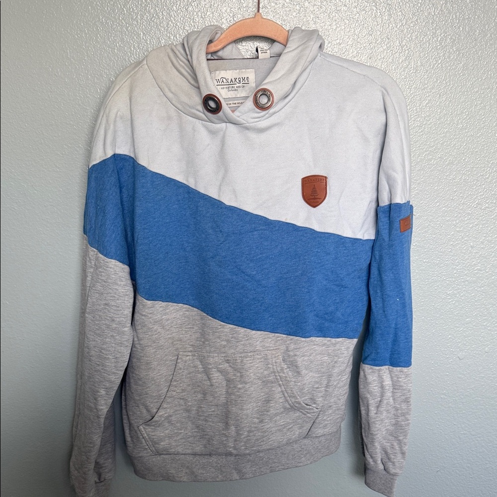 WANAKOME large Gray and Blue Hooded Sweatshirt